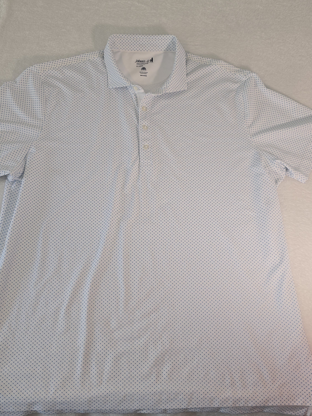 Johnnie-O Performance Polo Mens XL White Blue Diamond UPF 50 Stretch Golf